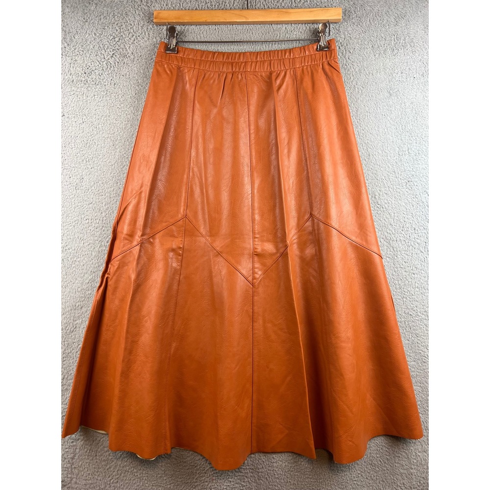 Amaro Burnt Orange Faux Leather Midi Skirt Elastic Waist A-Line Size G Large